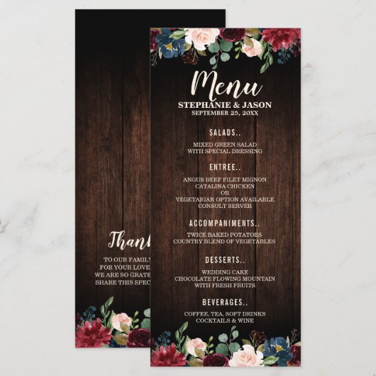 Bourgogne Rode Marine Bloemen Houten Bruiloft Menu (Voorkant / Achterkant)