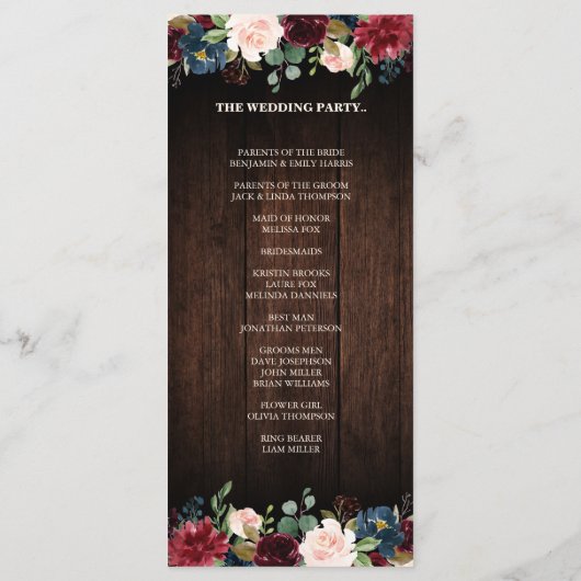 Bourgogne Rode Marine Bloemen houten bruiloft Prog Programmakaart (Achterkant)