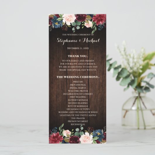 Bourgogne Rode Marine Bloemen houten bruiloft Prog Programmakaart (Staand voorkant)