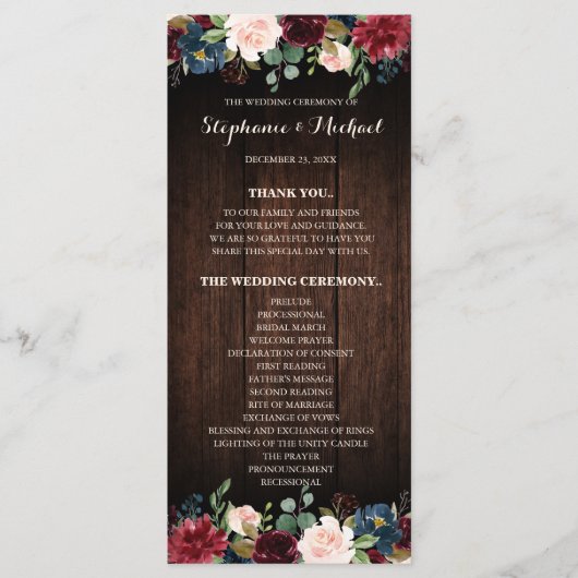 Bourgogne Rode Marine Bloemen houten bruiloft Prog Programmakaart (Voorkant)