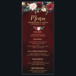 Bourgogne Rode Marine Bloemen Rustieke Boho Bruilo Menu<br><div class="desc">Waterverf Bourgogne Rode Marine Bloemen Rustieke Boho Bruiloft Menu Rack kaart. Perfect voor een herfstbruiloft. Het ontwerp is voorzien van een prachtig boeket van bordeaux / Marsala, perzik, marinebloemen / rozen met bijpassende bladeren. Vind meer bijpassende design en variaties in mijn "blissweddingpaperie" winkel. En voel je vrij om contact met...</div>