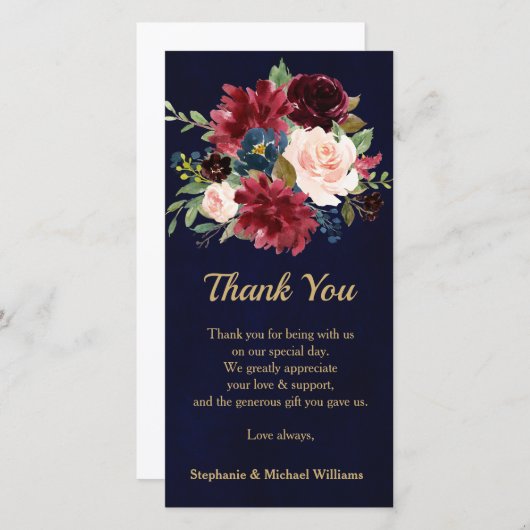 Bourgogne Rode Marine Bloemen Rustieke Boho Dank u Bedankkaart (Voorkant / Achterkant)
