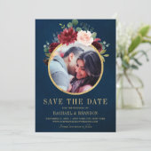 Bourgogne Rode Marine Bloemen Rustieke Boho Foto Save The Date (Staand voorkant)