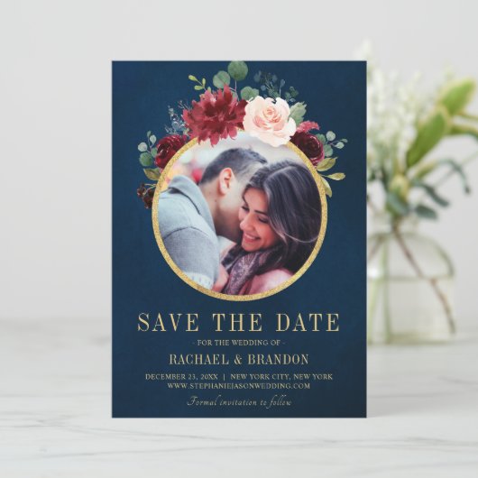 Bourgogne Rode Marine Bloemen Rustieke Boho Foto Save The Date (Staand voorkant)