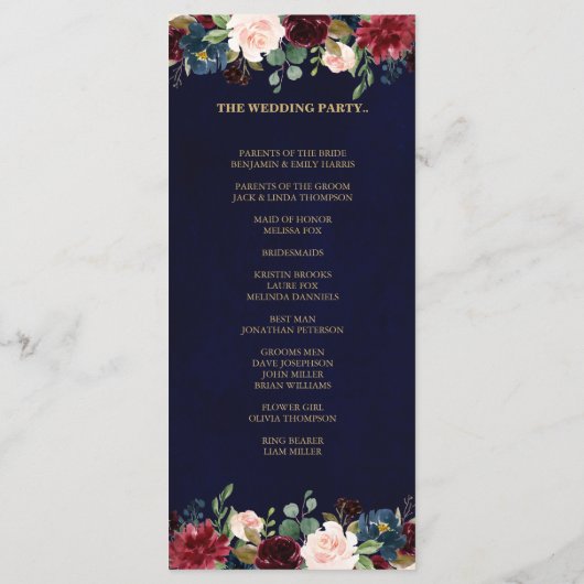 Bourgogne Rode Marine Bloemen Rustieke Boho Progra Programmakaart (Achterkant)