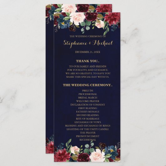 Bourgogne Rode Marine Bloemen Rustieke Boho Progra Programmakaart (Voorkant / Achterkant)