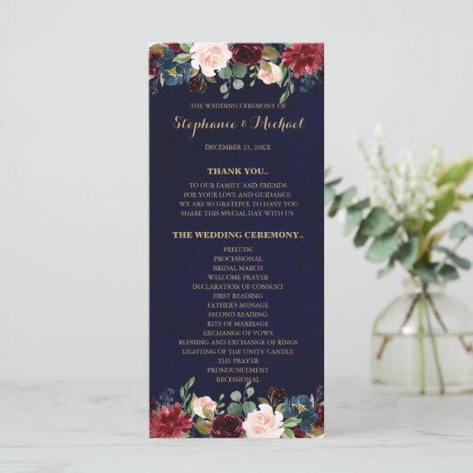 Bourgogne Rode Marine Bloemen Rustieke Boho Progra Programmakaart (Staand voorkant)