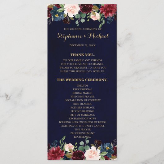 Bourgogne Rode Marine Bloemen Rustieke Boho Progra Programmakaart (Voorkant)