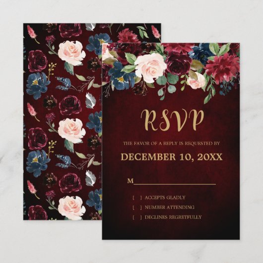 Bourgogne Rode Marine Bloemen Rustieke Boho RSVP (Voorkant / Achterkant)