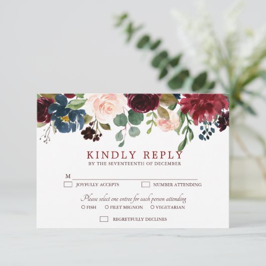 Bourgogne Rode Marine Bloemen Rustieke Boho RSVP (Staand voorkant)