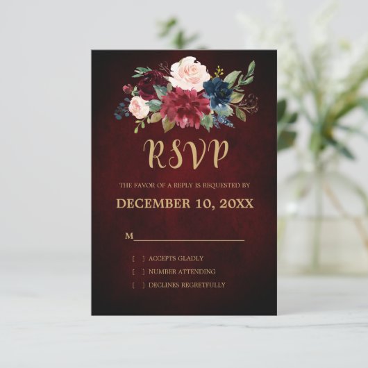 Bourgogne Rode Marine Bloemen Rustieke Boho RSVP (Staand voorkant)