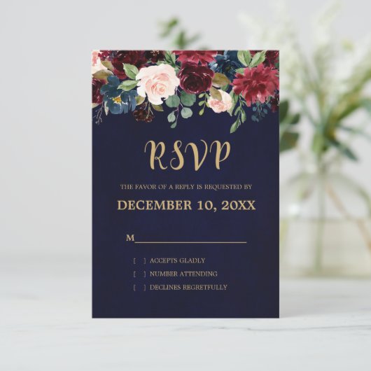 Bourgogne Rode Marine Bloemen Rustieke Boho RSVP (Staand voorkant)