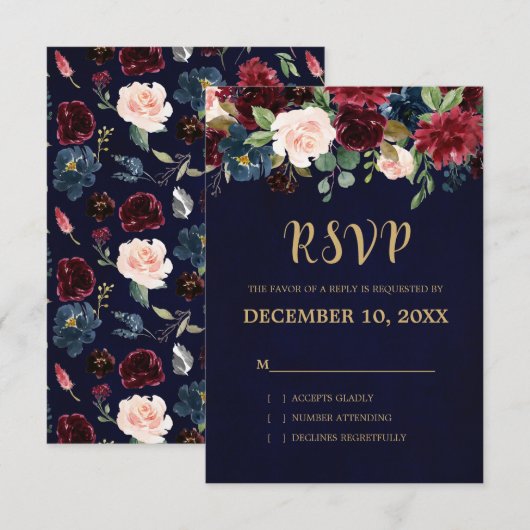 Bourgogne Rode Marine Bloemen Rustieke Boho RSVP (Voorkant / Achterkant)