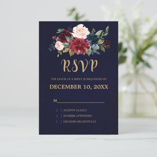 Bourgogne Rode Marine Bloemen Rustieke Boho RSVP (Staand voorkant)