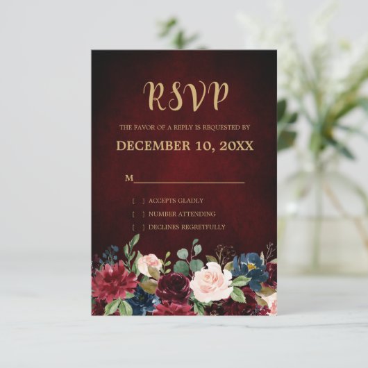Bourgogne Rode Marine Bloemen Rustieke Boho RSVP (Staand voorkant)
