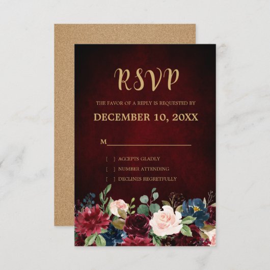 Bourgogne Rode Marine Bloemen Rustieke Boho RSVP (Voorkant / Achterkant)