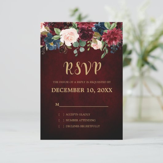 Bourgogne Rode Marine Bloemen Rustieke Boho RSVP Kaartje (Staand voorkant)