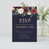 Bourgogne Rode Marine Bloemen Rustieke Boho RSVP Kaartje (Staand voorkant)