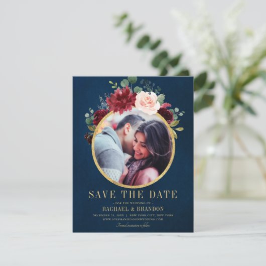 Bourgogne Rode Marine Bloemen Rustieke Boho Save t Aankondiging (Staand voorkant)