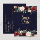 Bourgogne Rode Marine Bloemen Rustieke Boho Save t Aankondigingskaart (Voorkant / Achterkant)