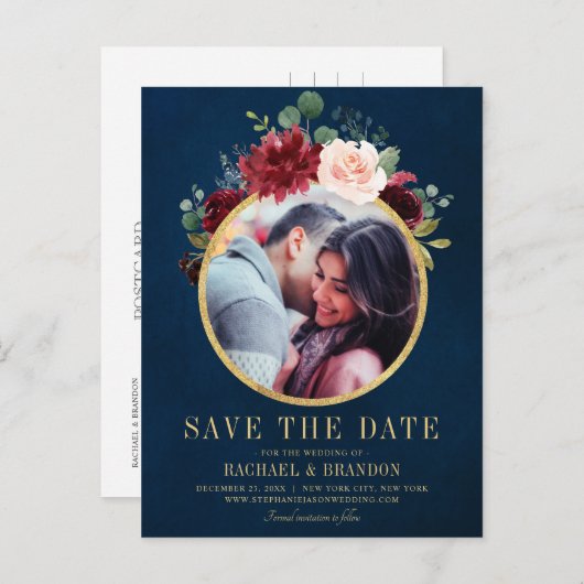 Bourgogne Rode Marine Bloemen Rustieke Boho Save t Aankondigingskaart (Voorkant / Achterkant)