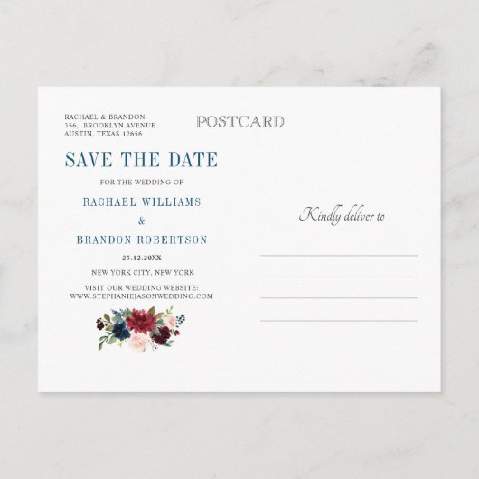 Bourgogne Rode Marine Bloemen Rustieke Boho Save t Aankondigingskaart (Achterkant)