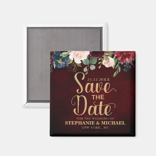 Bourgogne Rode Marine Bloemen Rustieke Boho Sve de Magneet (Voorkant / Achterkant)