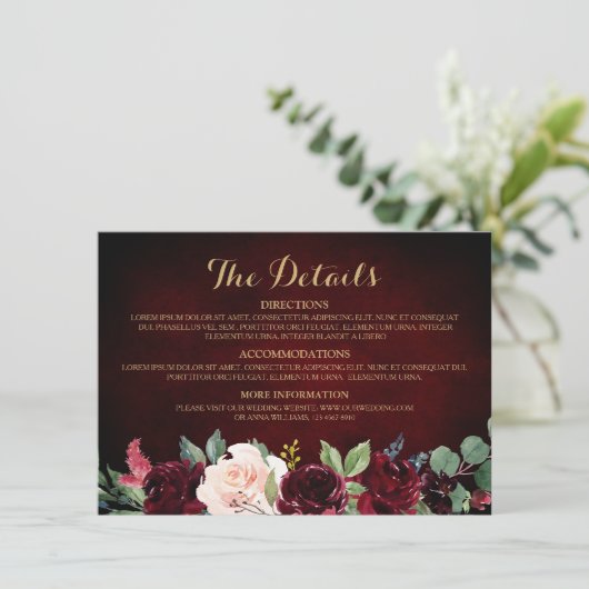 Bourgogne Rode Marine Bloemen Rustieke Bruiloft De Informatiekaartje (Staand voorkant)