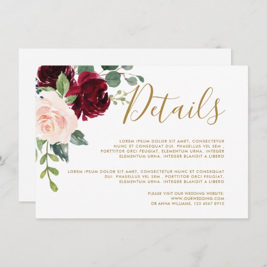 Bourgogne Rode Marine Bloemen Rustieke Bruiloft De Informatiekaartje (Voorkant / Achterkant)