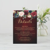 Bourgogne Rode Marine Bloemen Rustieke Bruiloft De Informatiekaartje (Staand voorkant)