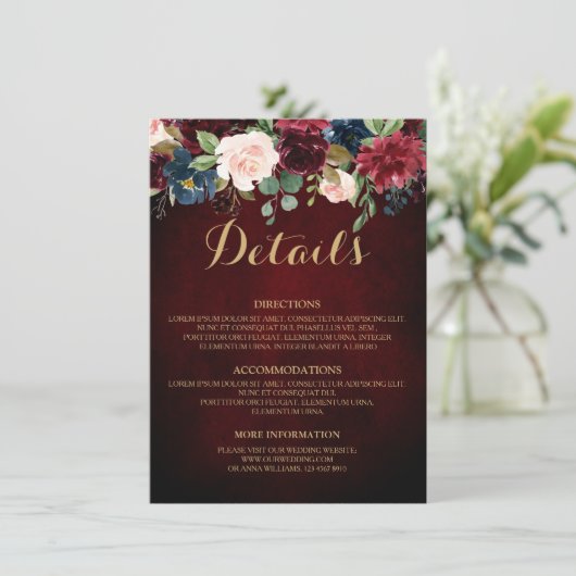 Bourgogne Rode Marine Bloemen Rustieke Bruiloft De Informatiekaartje (Staand voorkant)
