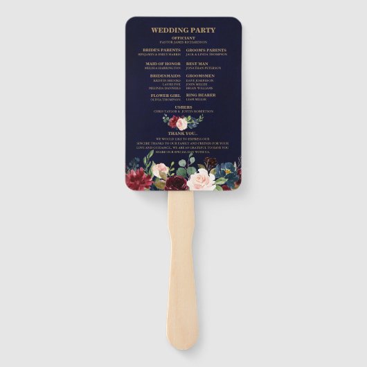 Bourgogne Rode Marine Bloemen Rustieke Huwelijkspr Handwaaier (Achterkant)