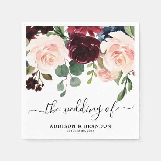 Bourgogne Rode Marine Blush Bloemen Trouwpapier Servet (Voorkant)