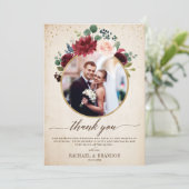Bourgogne Rode Marine Floral Boho Trouwfoto Bedankkaart (Staand voorkant)