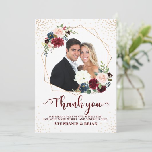 Bourgogne Rode Marine Floral Geometric Dank u Bedankkaart (Staand voorkant)