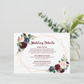 Bourgogne Rode Marine Floral Geometrische bruiloft Informatiekaartje (Staand voorkant)