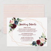 Bourgogne Rode Marine Floral Geometrische bruiloft Informatiekaartje (Voorkant / Achterkant)