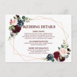Bourgogne Rode Marine Floral Geometrische bruiloft Informatiekaartje