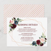 Bourgogne Rode Marine Floral Geometrische bruiloft Informatiekaartje (Voorkant / Achterkant)