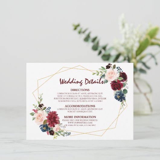 Bourgogne Rode Marine Floral Geometrische bruiloft Informatiekaartje (Staand voorkant)