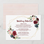 Bourgogne Rode Marine Floral Geometrische bruiloft Informatiekaartje (Voorkant / Achterkant)