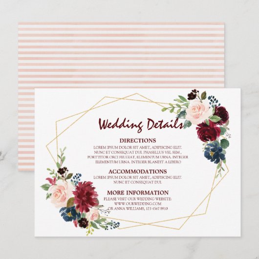 Bourgogne Rode Marine Floral Geometrische bruiloft Informatiekaartje (Voorkant / Achterkant)