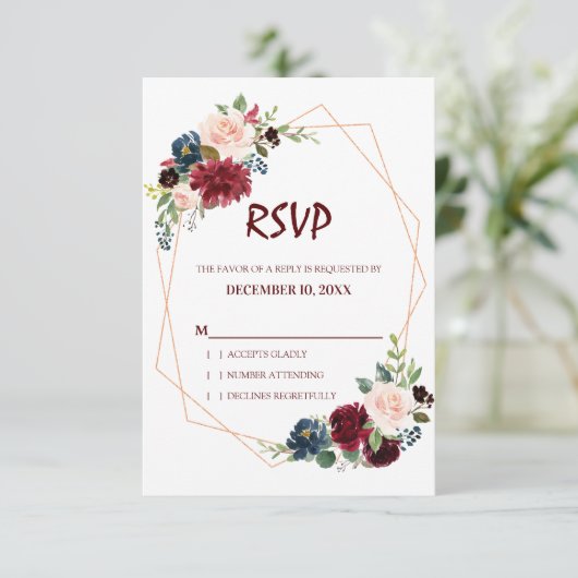 Bourgogne Rode Marine Floral Geometrische RSVP-kaa RSVP Kaartje (Staand voorkant)