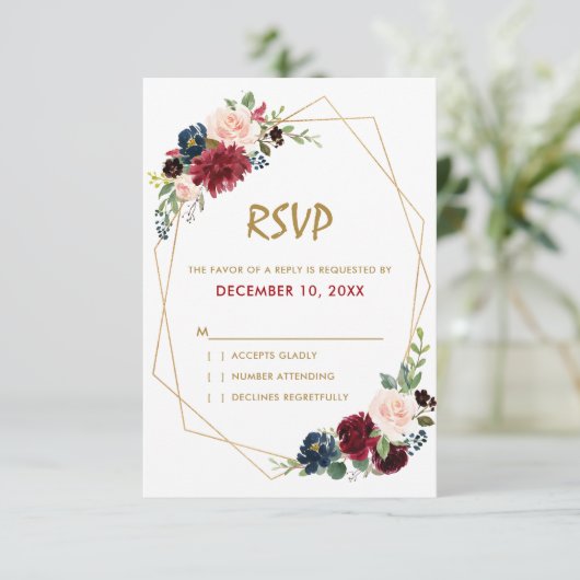 Bourgogne Rode Marine Floral Geometrische RSVP-kaa RSVP Kaartje (Staand voorkant)