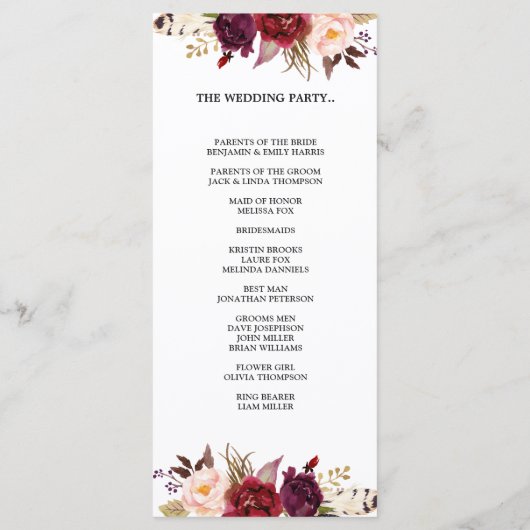 Bourgogne Rode Marsa Bloemen Rustieke Boho Program Programmakaart (Achterkant)