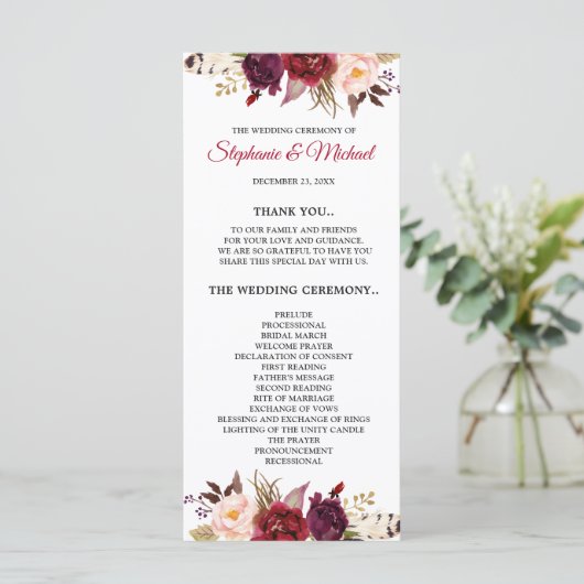 Bourgogne Rode Marsa Bloemen Rustieke Boho Program Programmakaart (Staand voorkant)