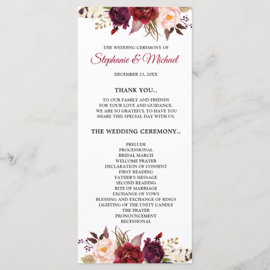 Bourgogne Rode Marsa Bloemen Rustieke Boho Program Programmakaart (Voorkant)