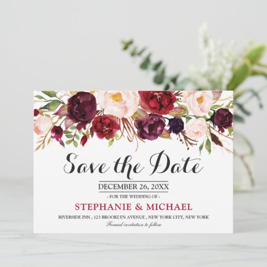 Bourgogne Rode Marsala Bloemen Boho Save the date (Staand voorkant)