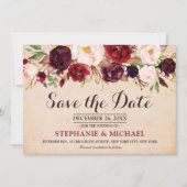 Bourgogne Rode Marsala Bloemen Boho Save the date (Voorkant)