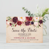 Bourgogne Rode Marsala Bloemen Boho Save the date (Staand voorkant)